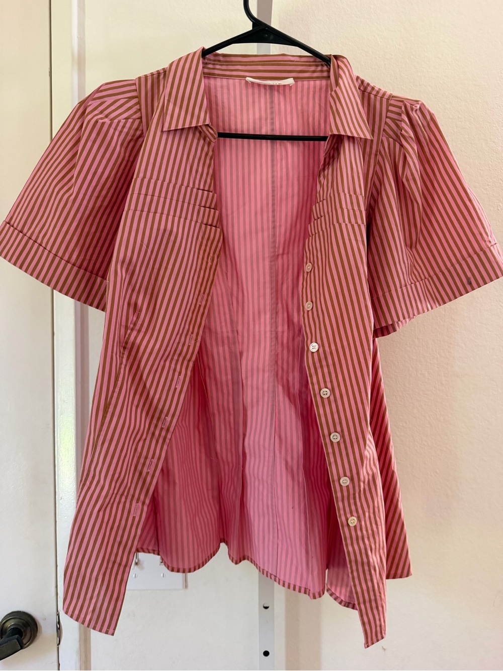 Frame Denim Pink and Cream Striped Short-Sleeve Button-Down Blouse
